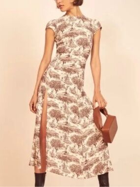Reformation Cream. & Brown Printed Midi Dress with Side Slit
